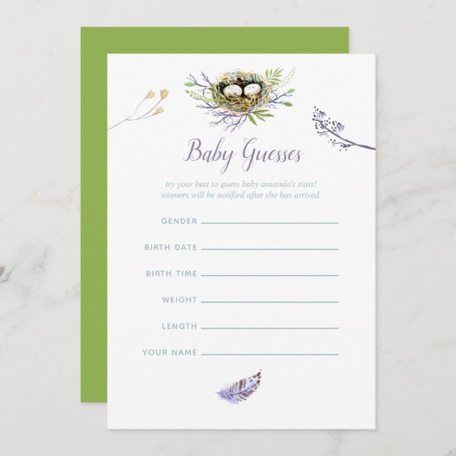 Greenery Birds Nest Twins Baby Shower Baby Guesses Invitation (Front/Back)