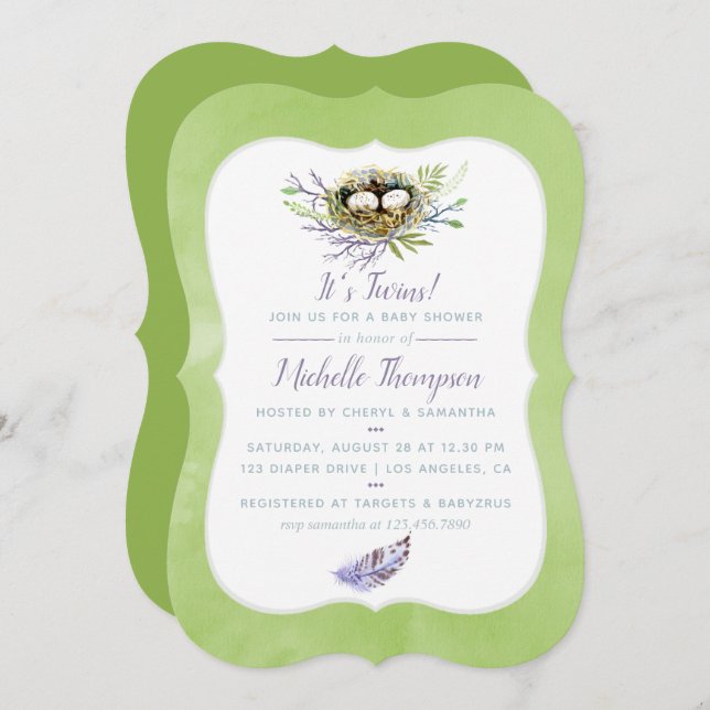 Greenery Birds Nest Twins Baby Shower Invite (Front/Back)