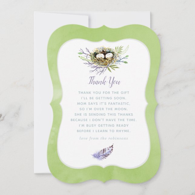 Greenery Birds Nest Twins Baby Shower Thank You Card (Front)
