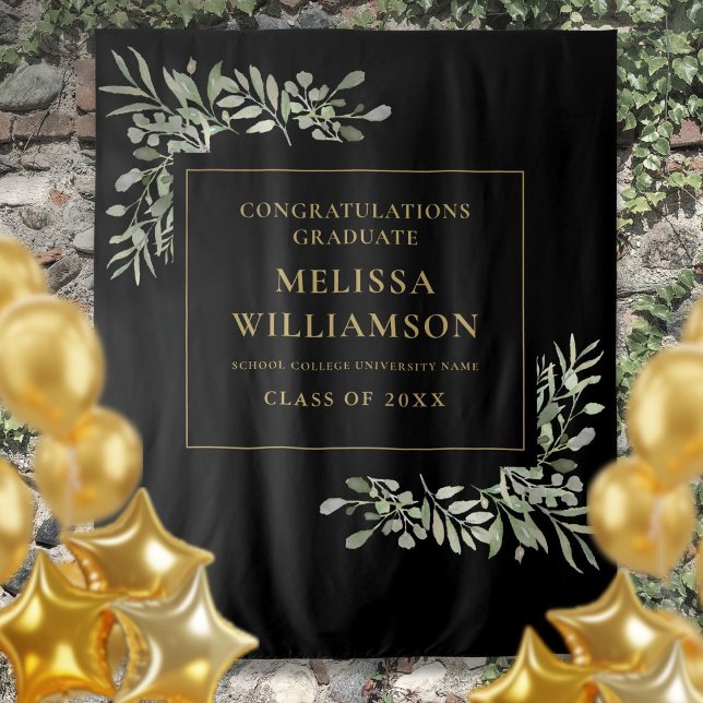Greenery Black And Gold Graduation Photo Backdrop Tapestry (Greenery Black And Gold Graduation Photo Backdrop)