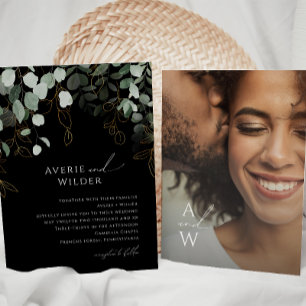 Greenery Black And Gold Monogram Photo Wedding Invitation