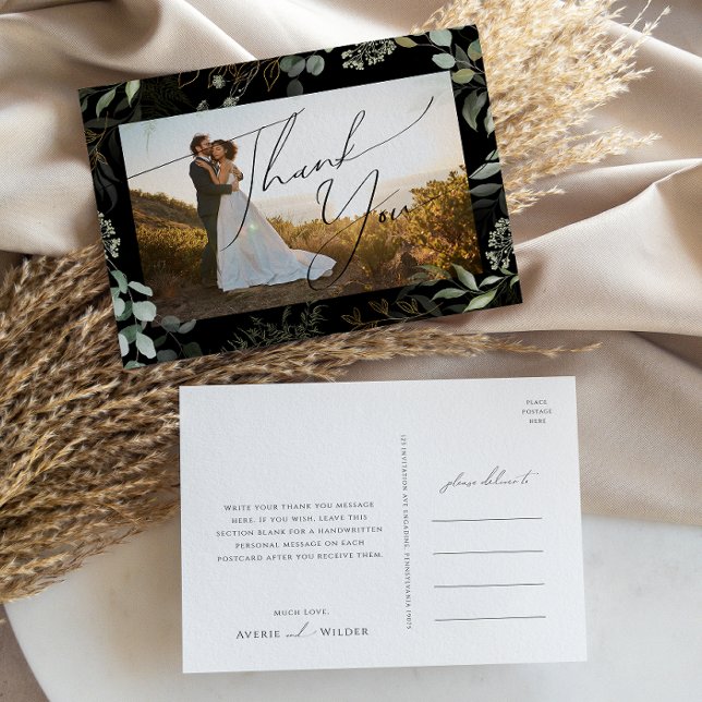 Greenery Black And Gold Photo Wedding Thank You Postcard (Creator Uploaded)