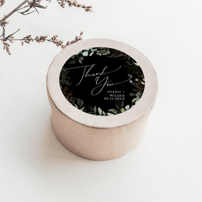Greenery Black and Gold Thank You Wedding Favour Classic Round Sticker (Creator Uploaded)