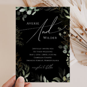 Greenery Black And Gold Wreath Casual Wedding Invitation