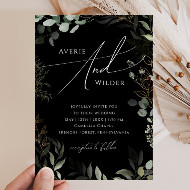 Greenery Black And Gold Wreath Casual Wedding Invitation (Creator Uploaded)