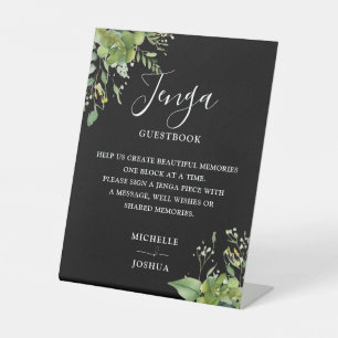 Greenery Black And White Jenga Wedding Guestbook Pedestal Sign