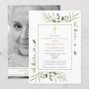 Greenery Black And White Photo Celebration of Life Invitation
