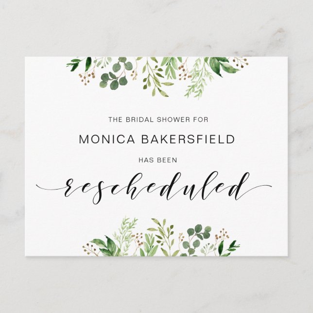 Greenery, Black font, Bridal Shower Reschedule Postcard (Front)