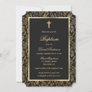 Greenery Black Gold Cross Script Baptism Invitation
