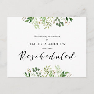Greenery Black Modern Wedding party Rescheduled Postcard
