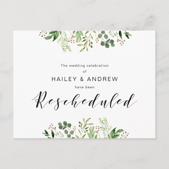 Greenery Black Modern Wedding party Rescheduled Postcard (Front)