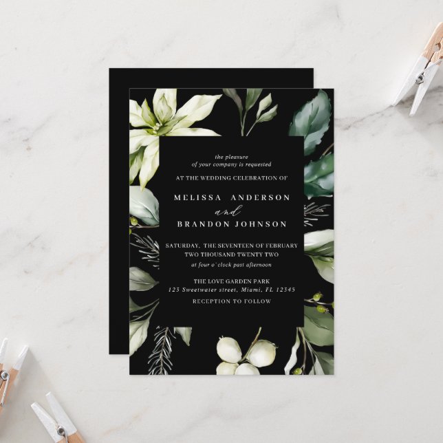 Greenery Black | Watercolor Botanical Wedding  Invitation (Front/Back In Situ)