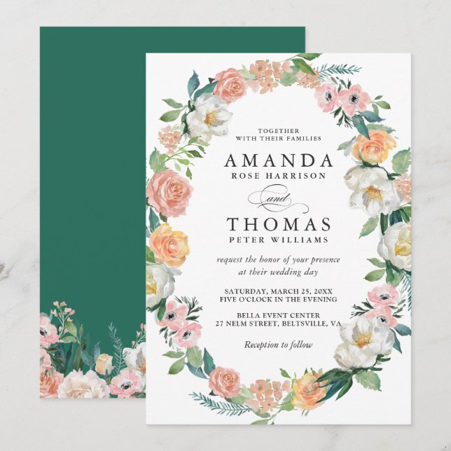 Greenery Bloom Garden Floral Wreath Wedding Invitation (Front/Back)