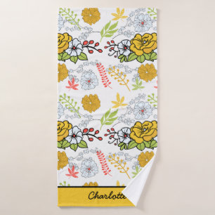 Greenery blossom floral pattern personalised name  bath towel