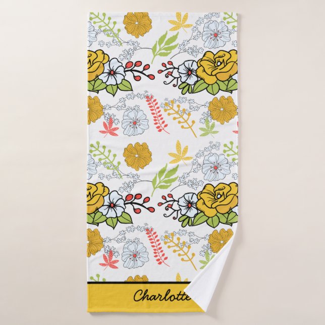 Greenery blossom floral pattern personalised name  bath towel (Bath Towel)