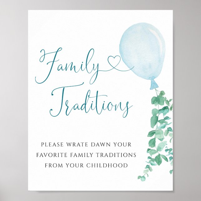 Greenery Blue Balloon Family Traditions Sign (Front)