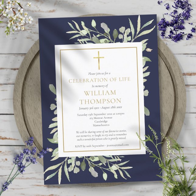 Greenery Blue Celebration of Life Funeral Invitation (Greenery Blue Celebration of Life Funeral Invitation)