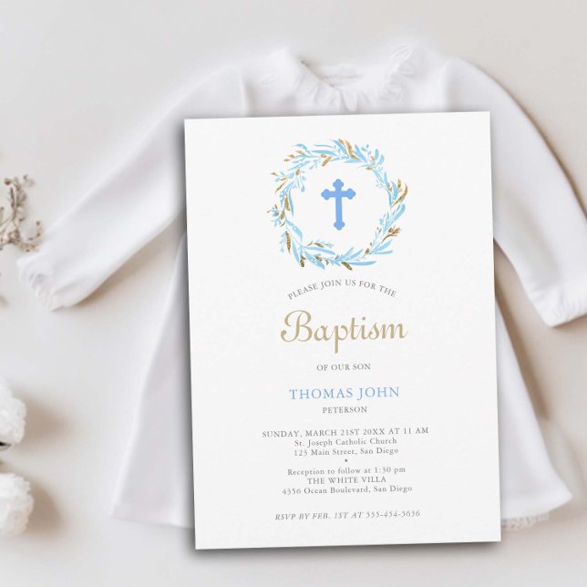 Greenery Blue Cross Gold Elegant Baby Boy Baptism Invitation (greenery baby boy baptism christening invitation botanical wreath cross gold blue white elegant)