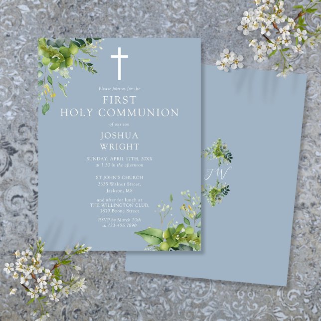 Greenery Blue First Holy Communion Invitation Postcard (Greenery Blue First Holy Communion Invitation Postcard)