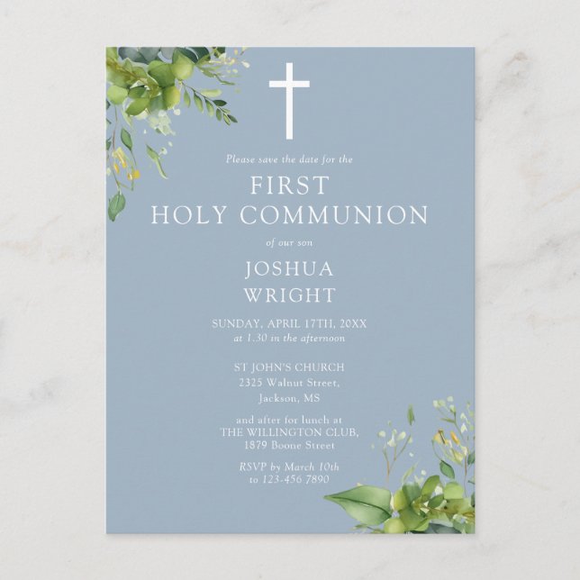 Greenery Blue First Holy Communion Save The Date Postcard (Front)