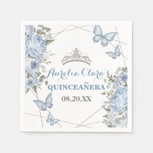 Greenery Blue Floral Butterflies 16th Quinceañera Napkin