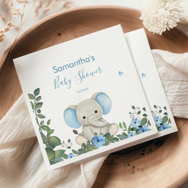 Greenery Blue Floral Elephant Baby Shower Napkins (Creator Uploaded)