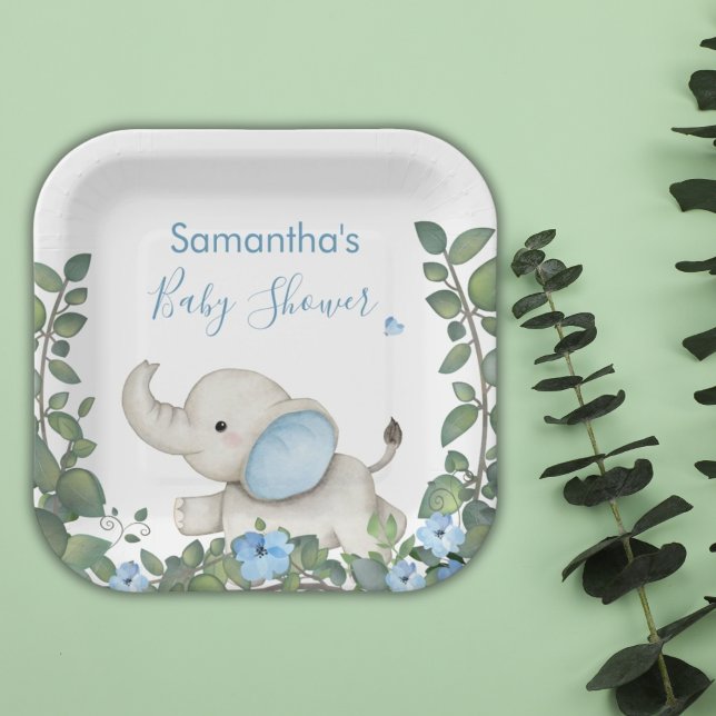 Greenery Blue Floral Elephant Baby Shower Paper Plate (Creator Uploaded)
