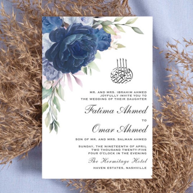 Greenery Blue Floral QR Code Muslim Wedding Invitation (Creator Uploaded)