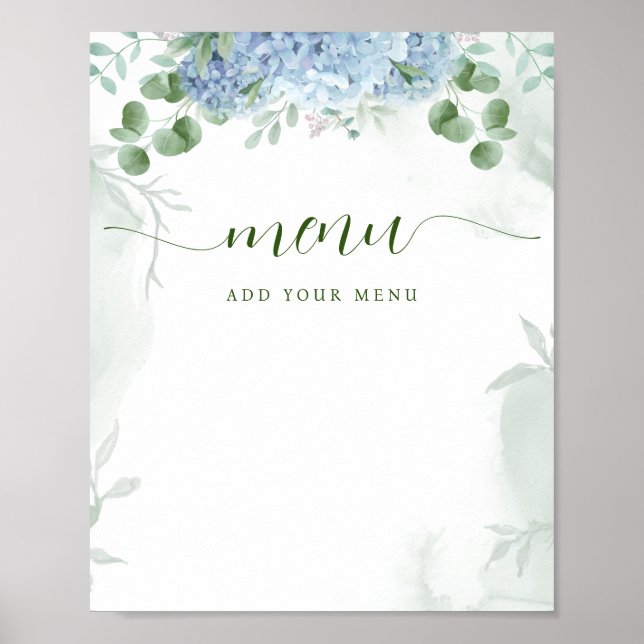 Greenery Blue hydrangea Menu Baby Shower Poster (Front)