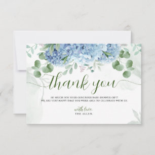 Greenery Blue hydrangea Thank You Baby Shower Card