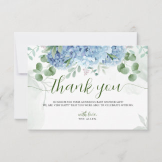 Greenery Blue hydrangea Thank You  Baby Shower Card