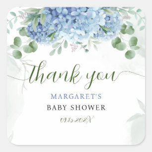 Greenery Blue hydrangea Thank You Baby Shower Square Sticker
