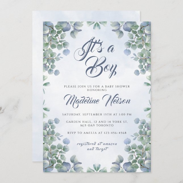 Greenery Blue Watercolor Its a Boy Baby Shower Invitation (Front/Back)