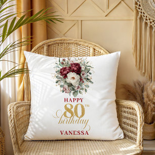 Greenery Blush Burgundy 80th Birthday Gift Pillow