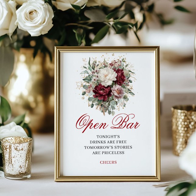 Greenery Blush Burgundy Open Bar Tabletop Sign (Greenery Blush Burgundy Open Bar Tabletop)