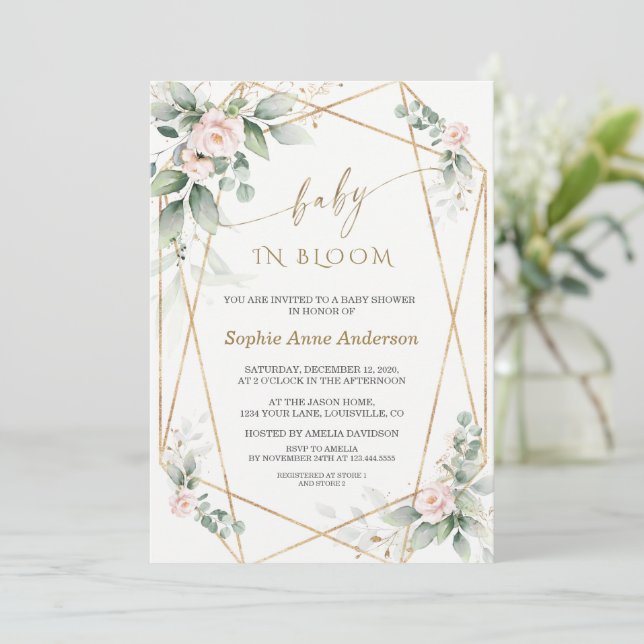 Greenery Blush Floral Gold Leaves Baby in Bloom  Invitation (Standing Front)