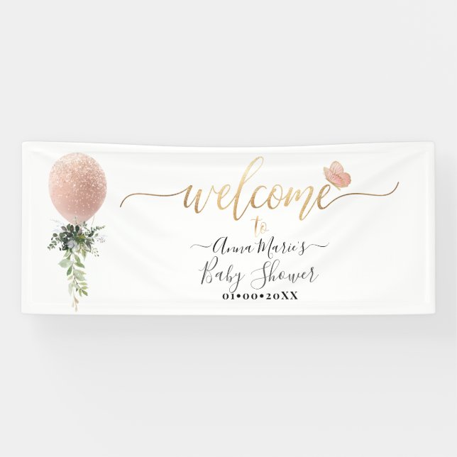 Greenery Blush Glitter Balloon Any Event Welcome Banner (Horizontal)