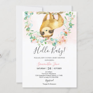 Greenery Blush Pink Cute Sloth Baby Shower Girl Invitation
