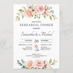 Greenery blush pink floral boho rehearsal dinner invitation