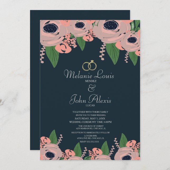 Greenery Blush Pink Rose Floral Botany Wedding Invitation (Front/Back)