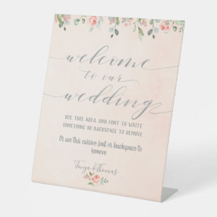 Greenery Blush & Silver Fancy Calligraphy Welcome Pedestal Sign