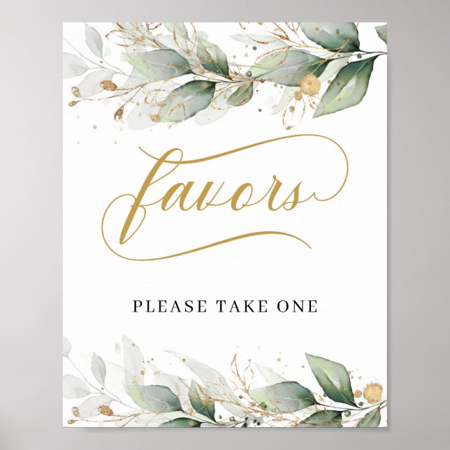 Greenery boho eucalyptus gold leaves favors sign (Front)