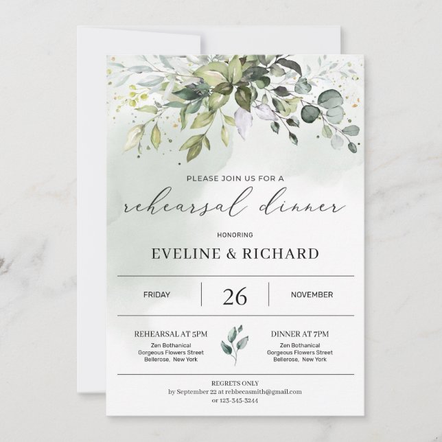 Greenery boho foliage eucalyptus rehearsal dinner invitation (Front)