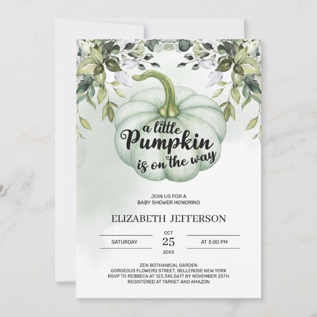 Greenery boho foliage little pumpkin baby shower invitation (Front)