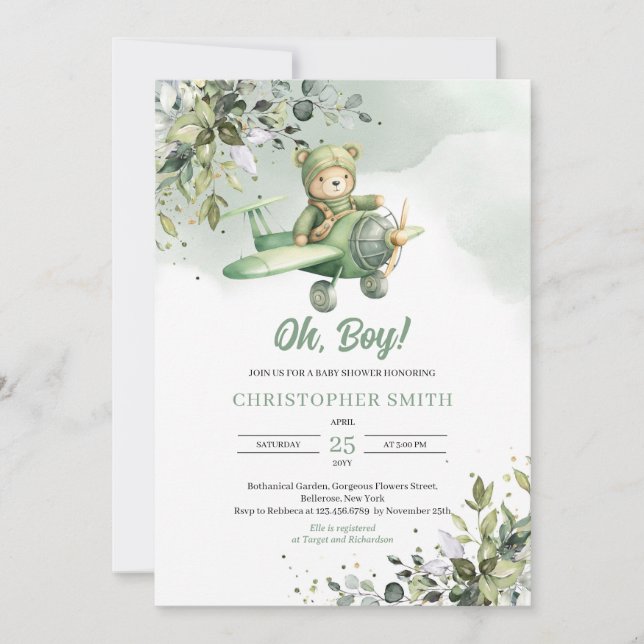 Greenery boho gender neutral teddy bear aviator invitation (Front)