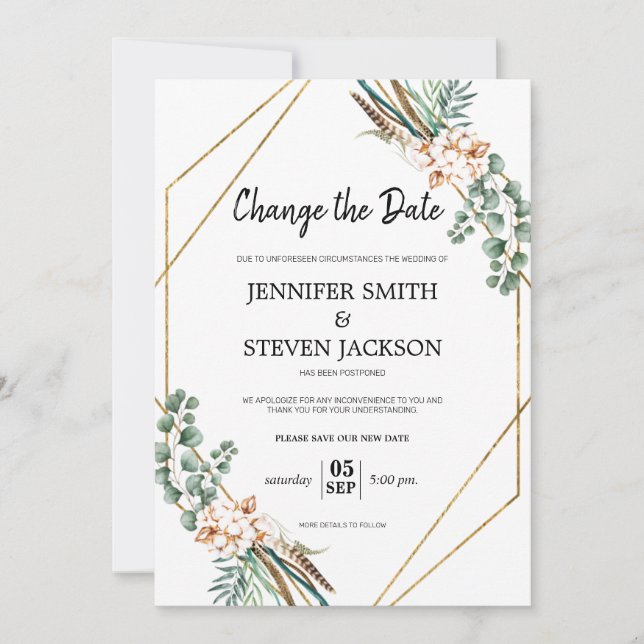 Greenery Boho Gliter Frame Change the Date Invitation (Front)