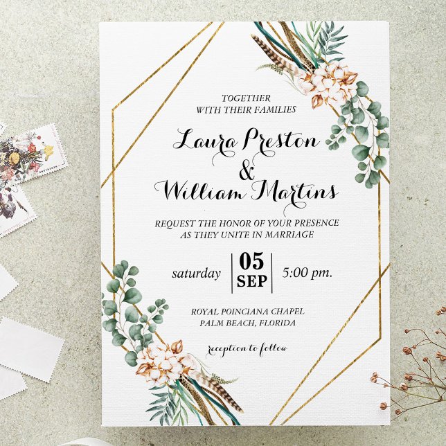 Greenery Boho Glitter Geometric Frame Wedding Invitation (Creator Uploaded)