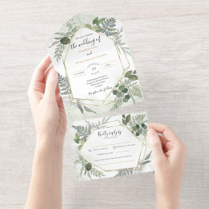 Greenery boho gold watercolour geometric wedding all in one invitation