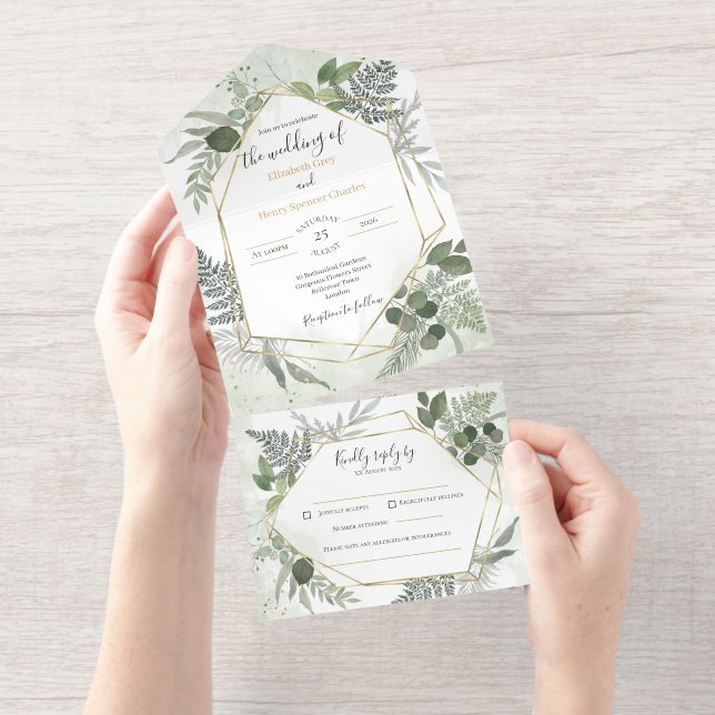 Greenery boho gold watercolour geometric wedding all in one invitation (Tearaway)