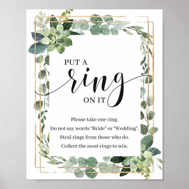 Greenery boho Succulent Put a ring on it game sign (Front)